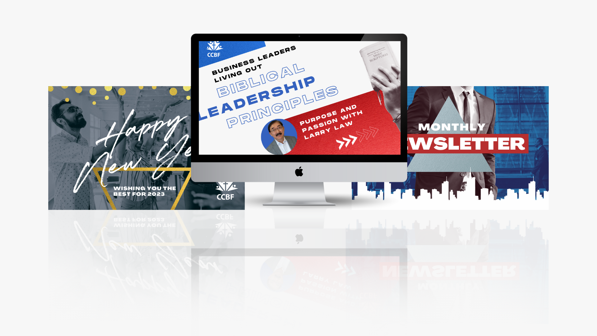 CCBF newsletter, Biblical Leadership Principles series, and Monthly Newsletter mockup