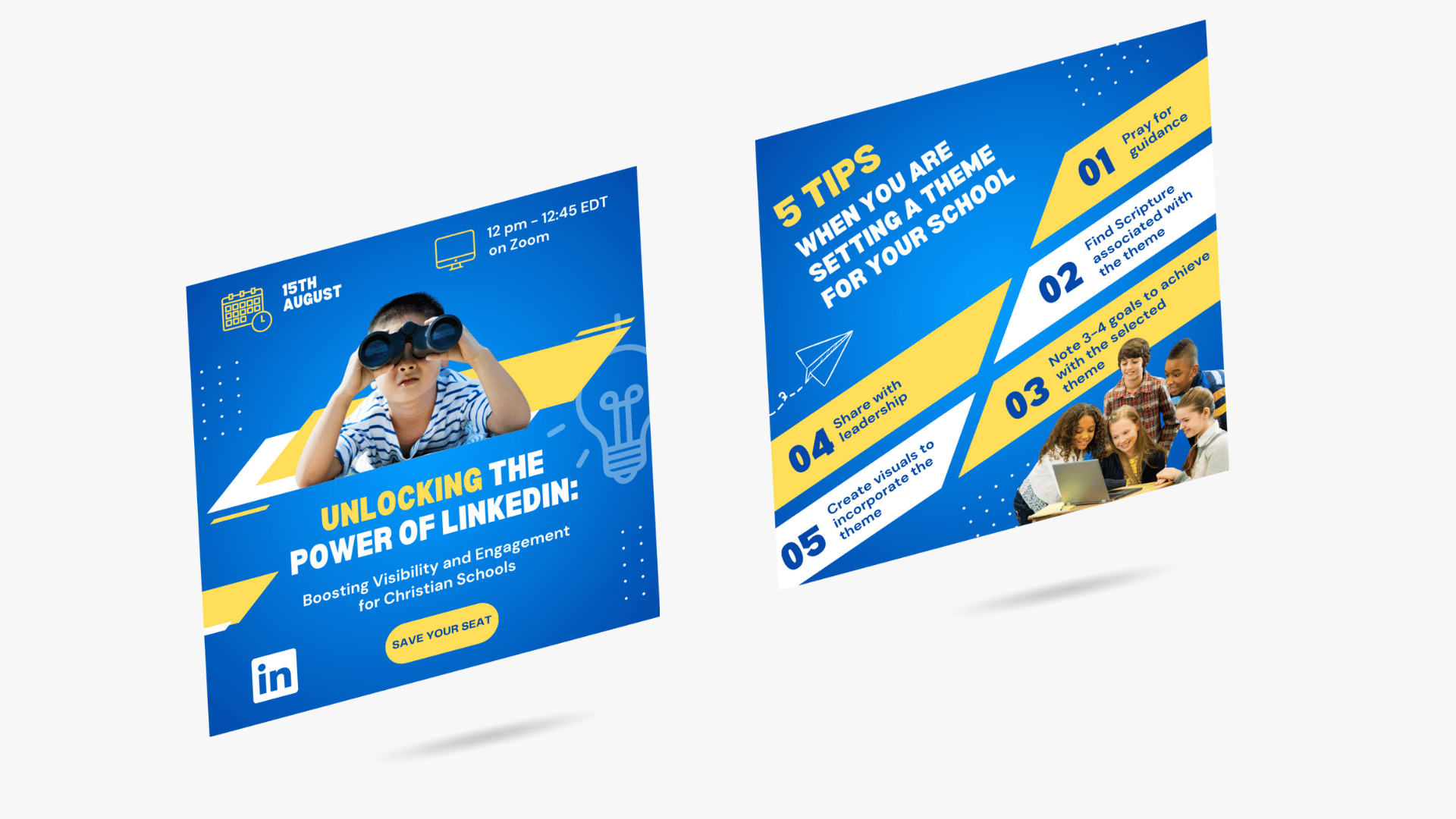 Social graphics for LinkedIn webinar and Christian school content