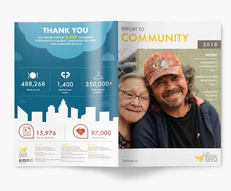 The Mustard Seed — 2018 Annual Report to Community with infographic spread showing 488,268 meals served