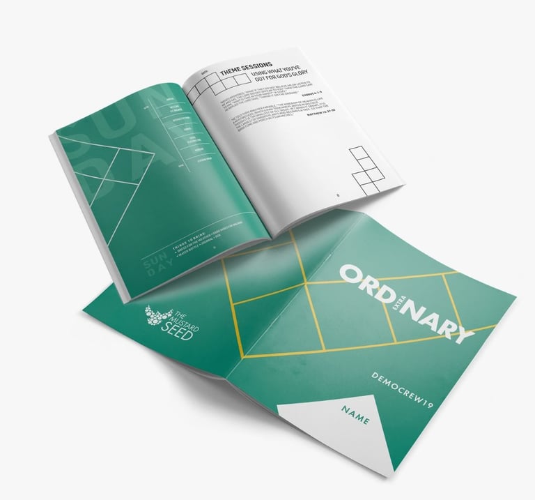 Democrew 2019 handbook — 60-page volunteer guide, 'Ordinary Extraordinary' cover with geometric design