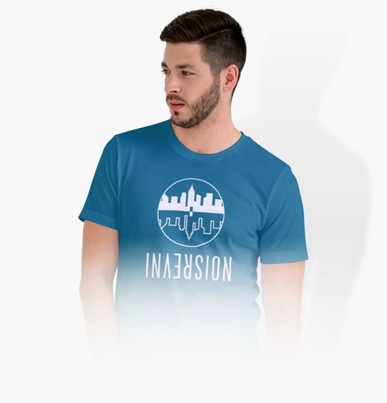 'Inversion' Democrew 2018 t-shirt design — blue with mirrored cityscape logo
